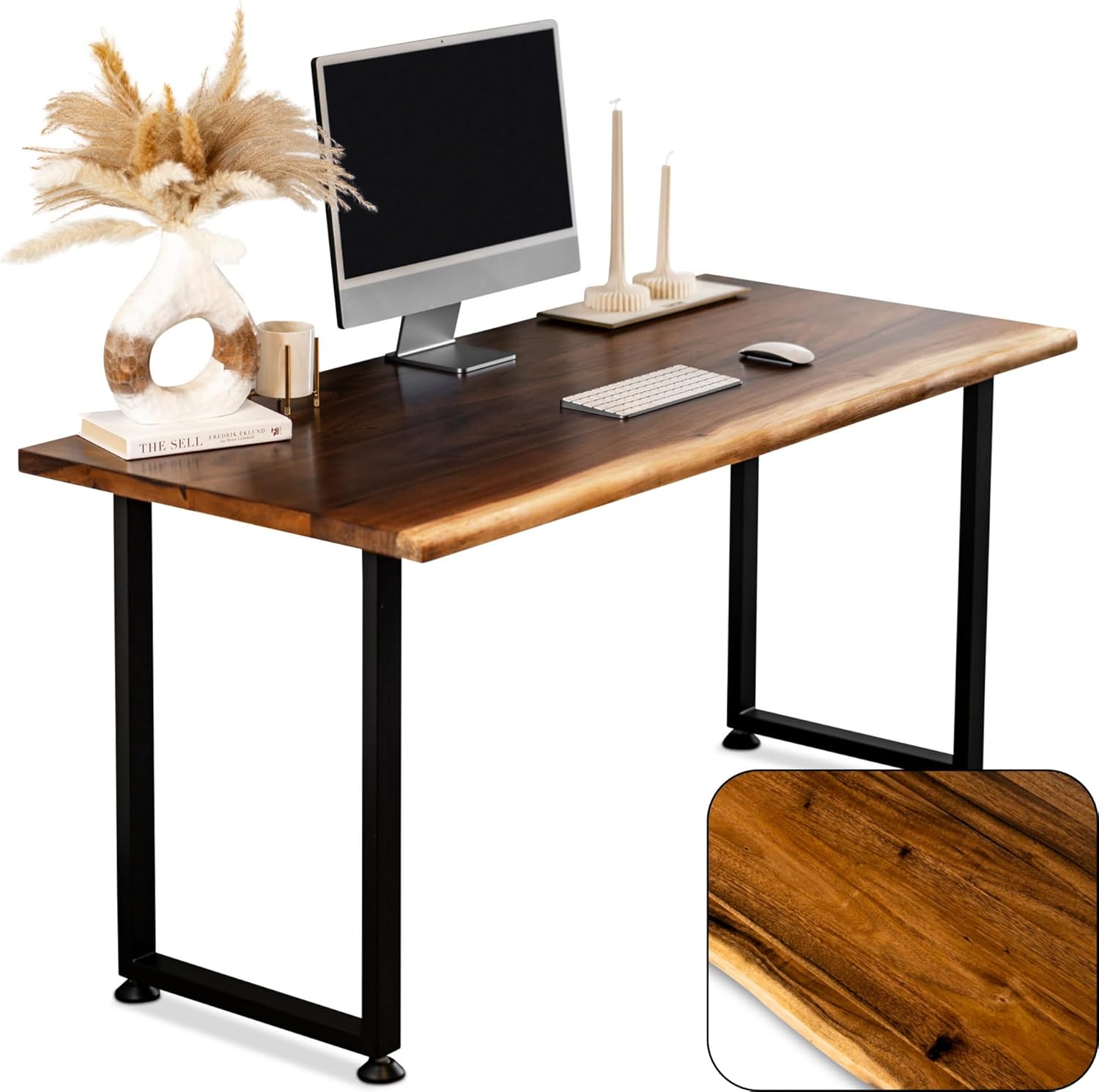 Solid Walnut Wood Computer Desk – Live Edge Wooden Home Office Desk with Sturdy Metal Legs – Handmade Real Wood Table for Work, Study, or Gaming - 48” x 27”