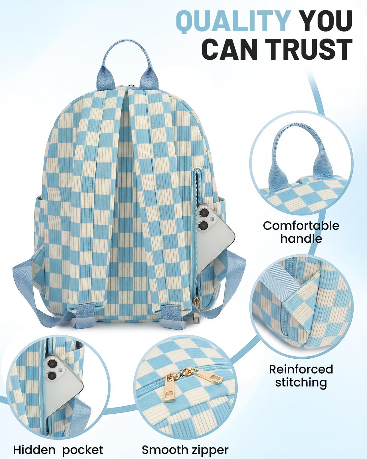 Corduroy Mini Backpack Purse, Lightweight Stylish Cute Small Bag for Women Girls, Adjustable Strap College School Bag Travel Daily Daypacks (Checkered Blue) - Image 5