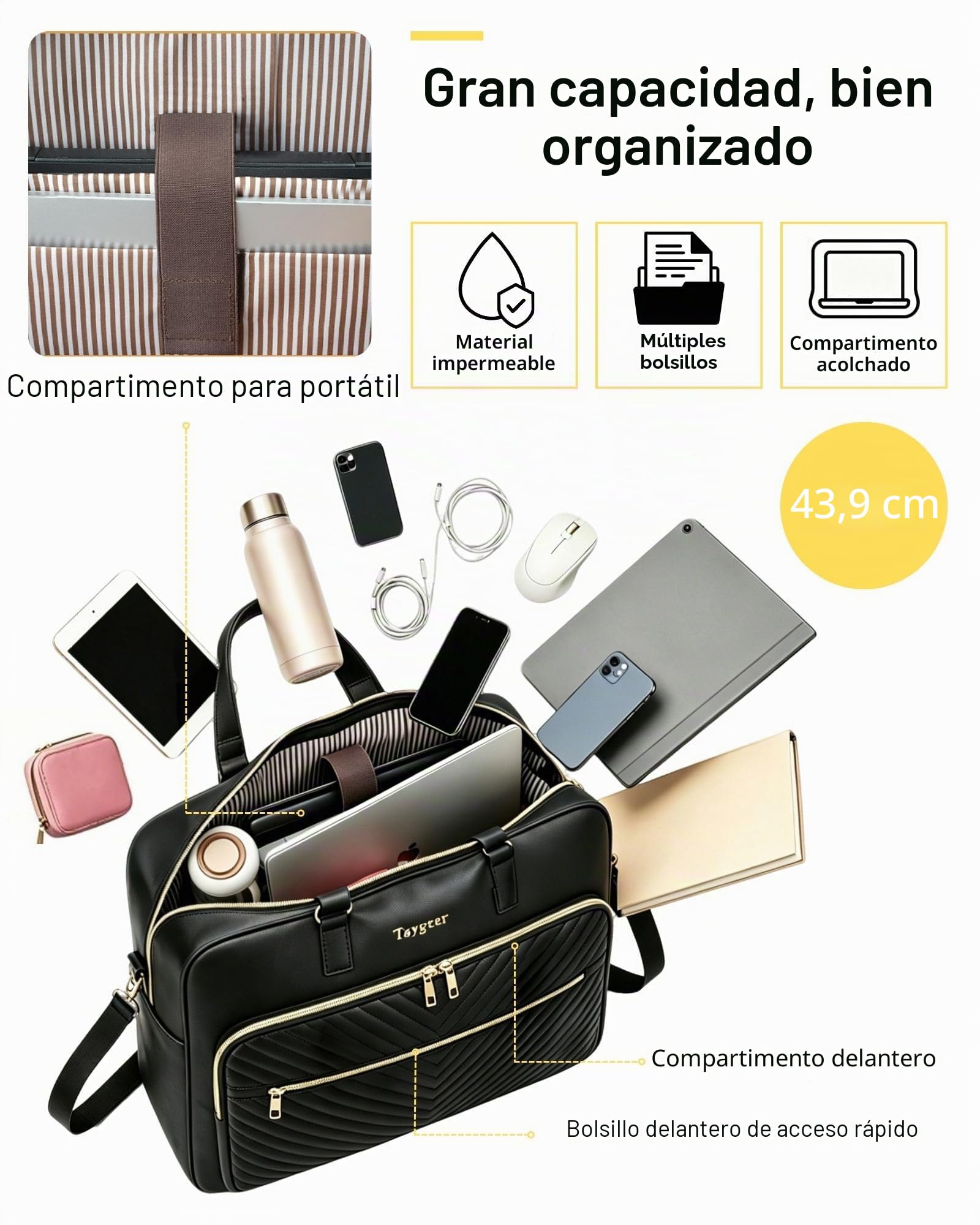 Taygeer Bolso Portatil Mujer, Maletin Portatil 17 Pulgadas PU Multifuncional Bolso Universidad Mujer Grande Funciona Como Mochila Casual Impermeable para Trabajo Viajar, Negro