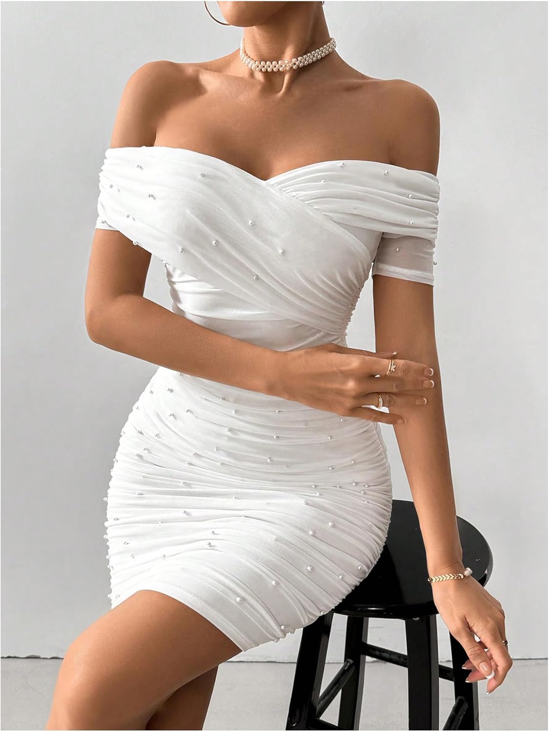 Floerns Women's Pearl Beaded Off Shoulder Short Dress Short Sleeve Bodycon Party Dresses - Image 4