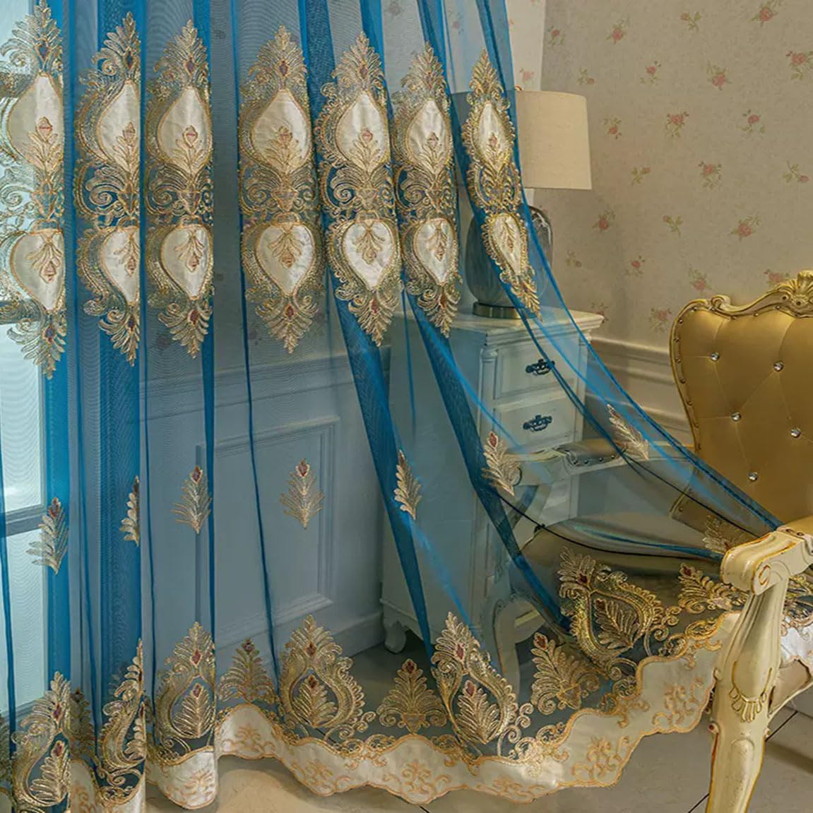 pureaqu Sheer Voile Window Curtain Grommet Panels 84 Inches Long for Living Room Embroidered European Style Lace Edge Tulle Drape Window Treatment Decoration 1 Panel 75Wx84L inch