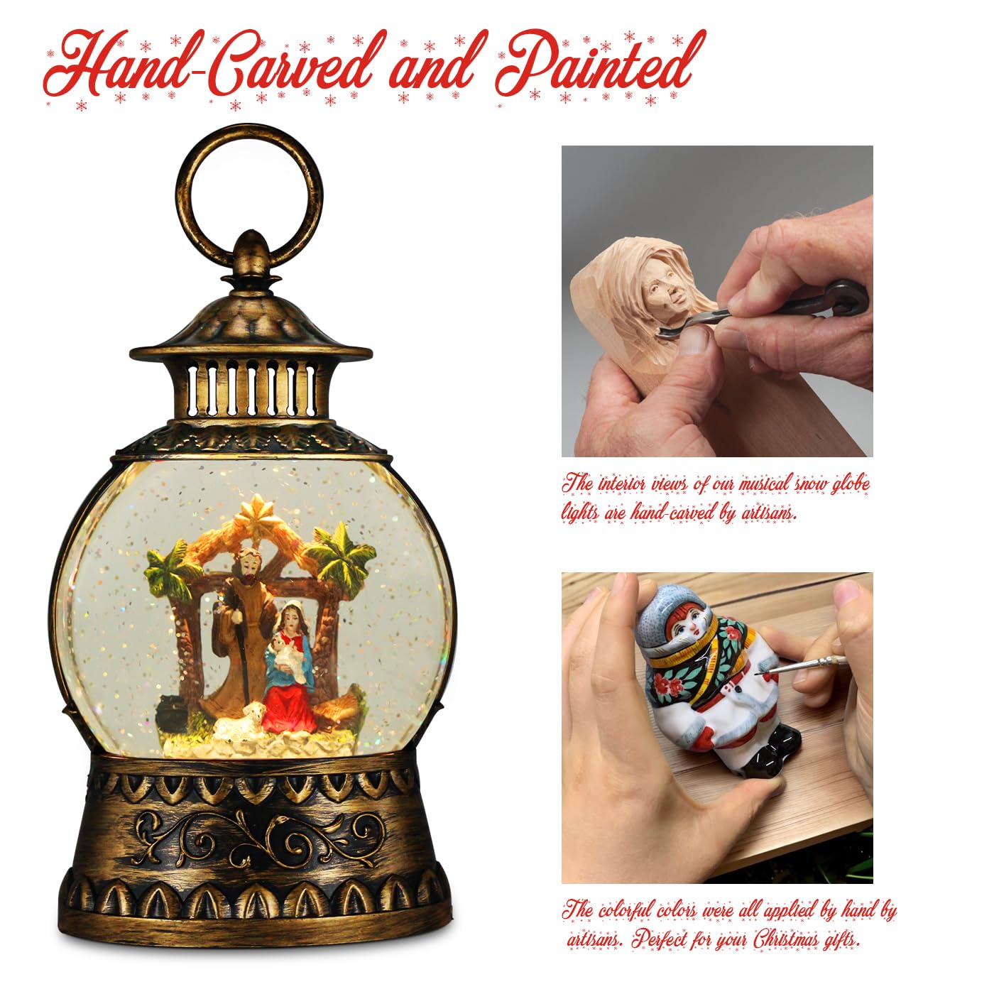 Christmas Nativity Snow Globe, Nativity Musical Snow Globe Lantern Lights with 6H Timer Battery & USB Powered, Retro Style Holiday Glitter Globe for Xmas Home Decoration Holiday Party Gifts