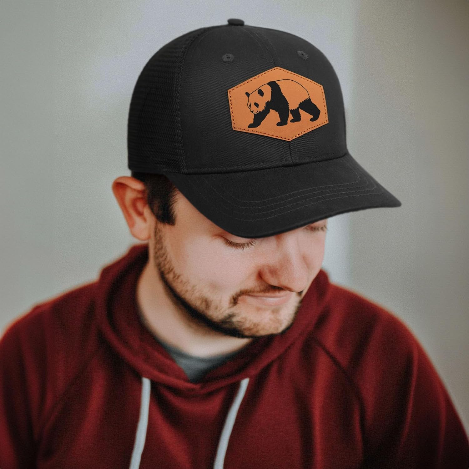 Panda Baseball Cap for Panda Lovers,Leather Trucker Hat Snapback Hat for Men Women Brown - Image 3