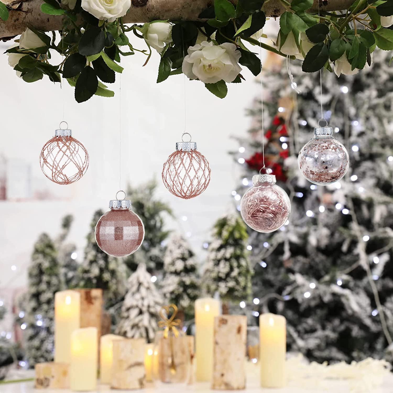 Bolas de Navidad de 30 quilates, 60 mm/2.36 pulgadas de plástico transparente inastillable, bolas de Navidad con relleno delicado brillante, decoración de árbol de Navidad colgante (oro rosa)