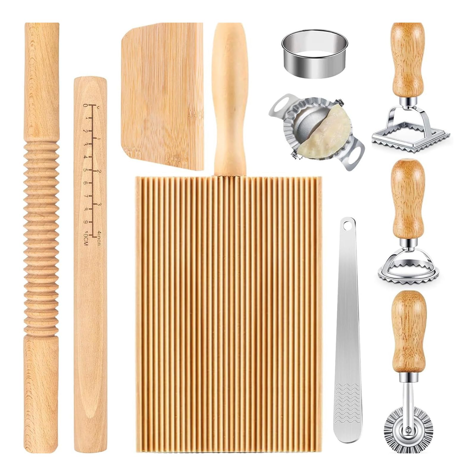 Juego de 11 herramientas para hacer pasta, kit de herramientas para hacer pasta rodillo tabla de ñoquis raspador de masa para hacer albóndigas sello de raviolis para los amantes de la repostería