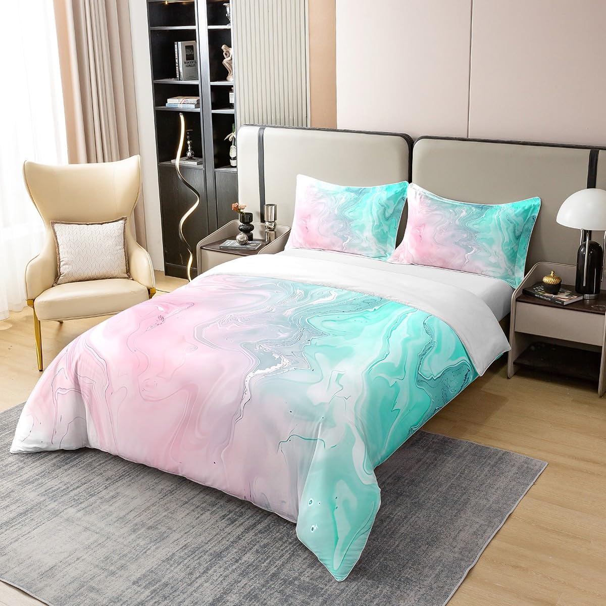 Erosebridal 100% Organic Cotton Liquid Marble Bedding Set Modern Pastel Pink Teal Duvet Cover Girly Abstract Watercolor Comforter Cover for Kid Teen Girl, Full Size