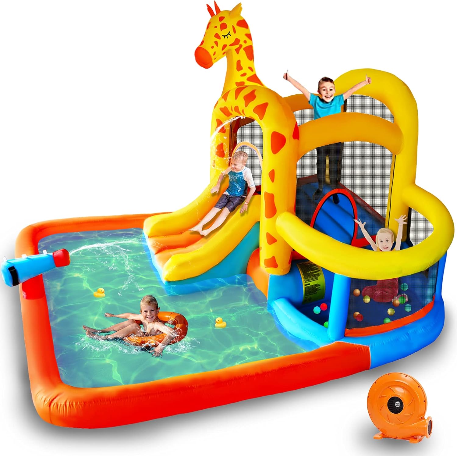 Hottest Sales TiliKuly Kid Inflatable Bounce House with 450w Blower Water Slides Inflatable Bounce House for Kids Toddlers Ball Pit Inflatable Water Pool Park Slide Jumping Bouncy House Giraffe Yard Outdoor Bouncer