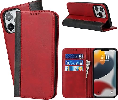 Havaya Funda de piel tipo cartera para iPhone 13 Pro con tarjetero y ranuras para tarjetas de crédito, color rojo y negro