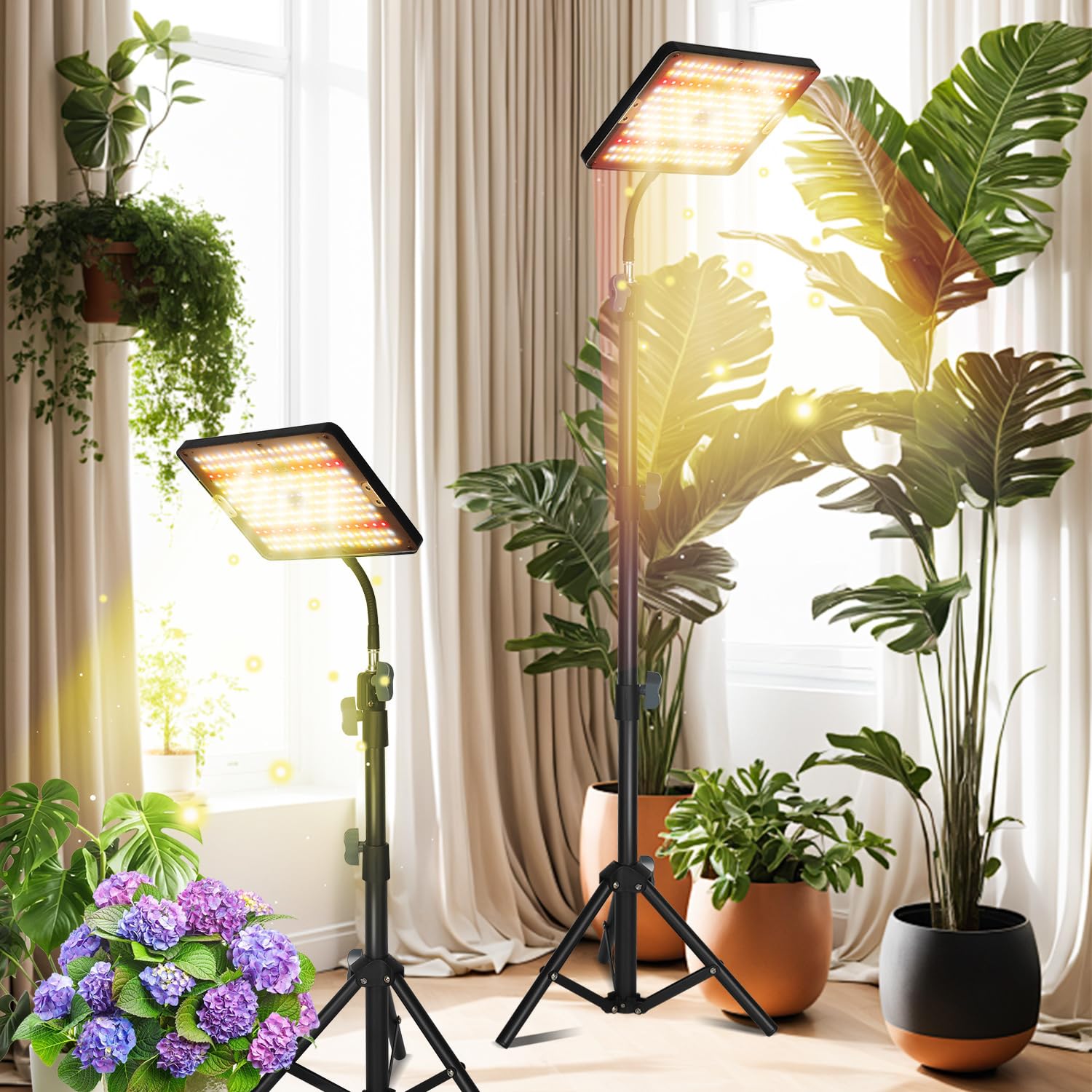 Pflanzenlampe LED mit Ständer, Höhenverstellbare Pflanzenleuchte LED Vollspektrum mit Fernbedienung, 242 LEDs Grow Lampe mit 4/8/12H Timer Dimmbares Pflanzenlicht, 2 Pack