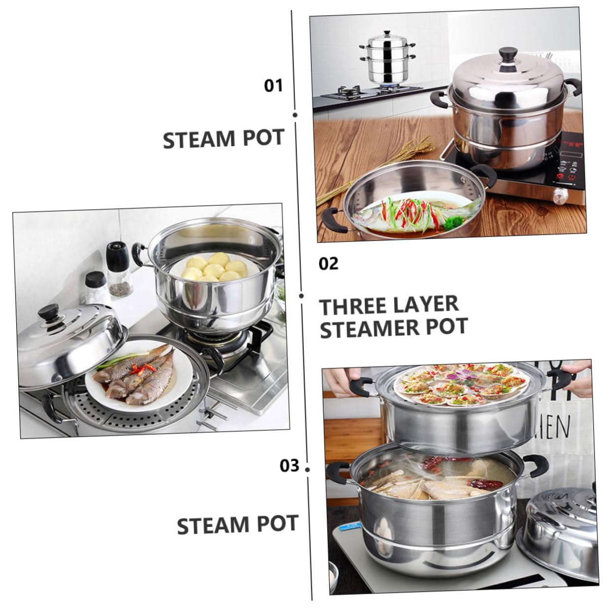 MAGICLULU Dampfgarer aus Edelstahl mit Drei Lagen Großer Fassungsvermögen Multifunktional zum Dämpfen und Kochen Geeignet für Zuhause und Induktionskochfelder