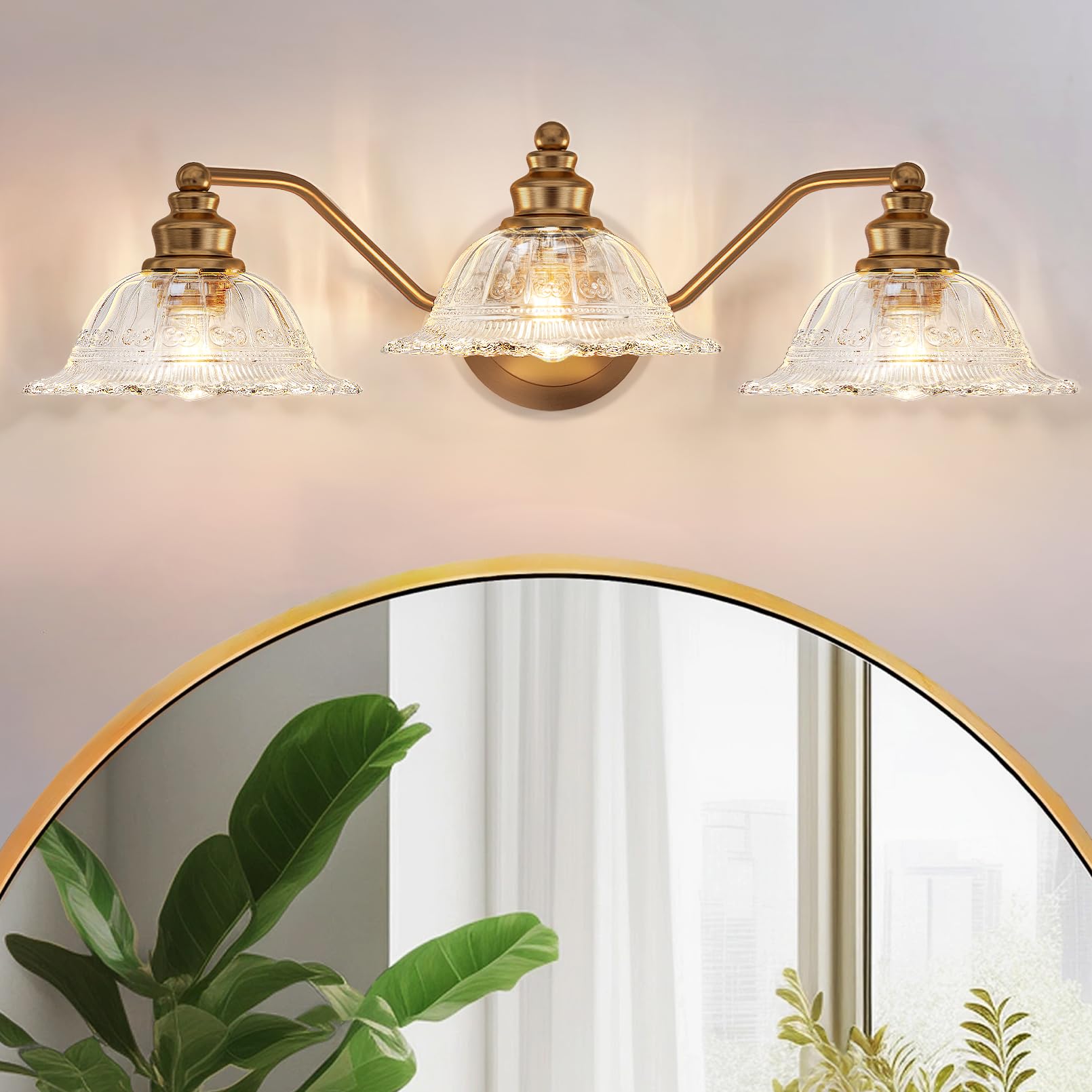 Redluck Vintage Bathroom Vanity Light Fixture 3-Light Bathroom Lighting Fixtures Over Mirror Antique Brass Finish with Crystal Glass
