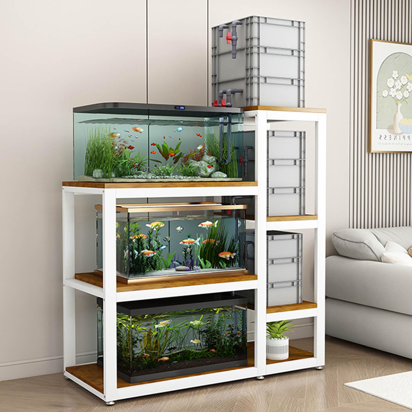 Support pour aquarium beige à trois niveaux en métal robuste pour reptiles