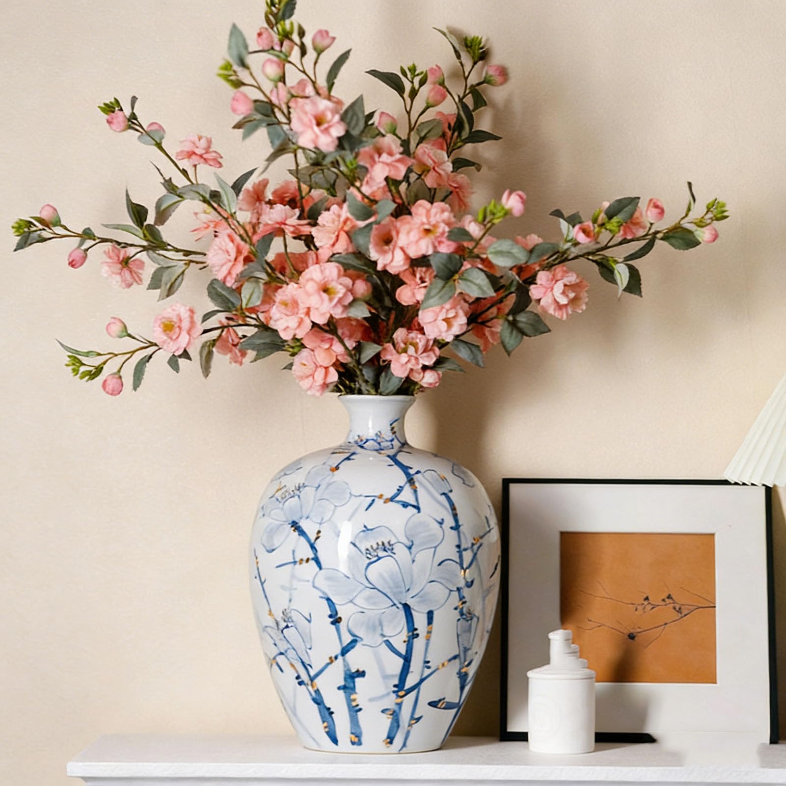 Niebiesko-biały wazon porcelanowy – ręcznie malowana ceramiczna urna na kwiaty w stylu chińskim do wystroju domu, dekoracji salonu i akcentu w przedpokoju,C