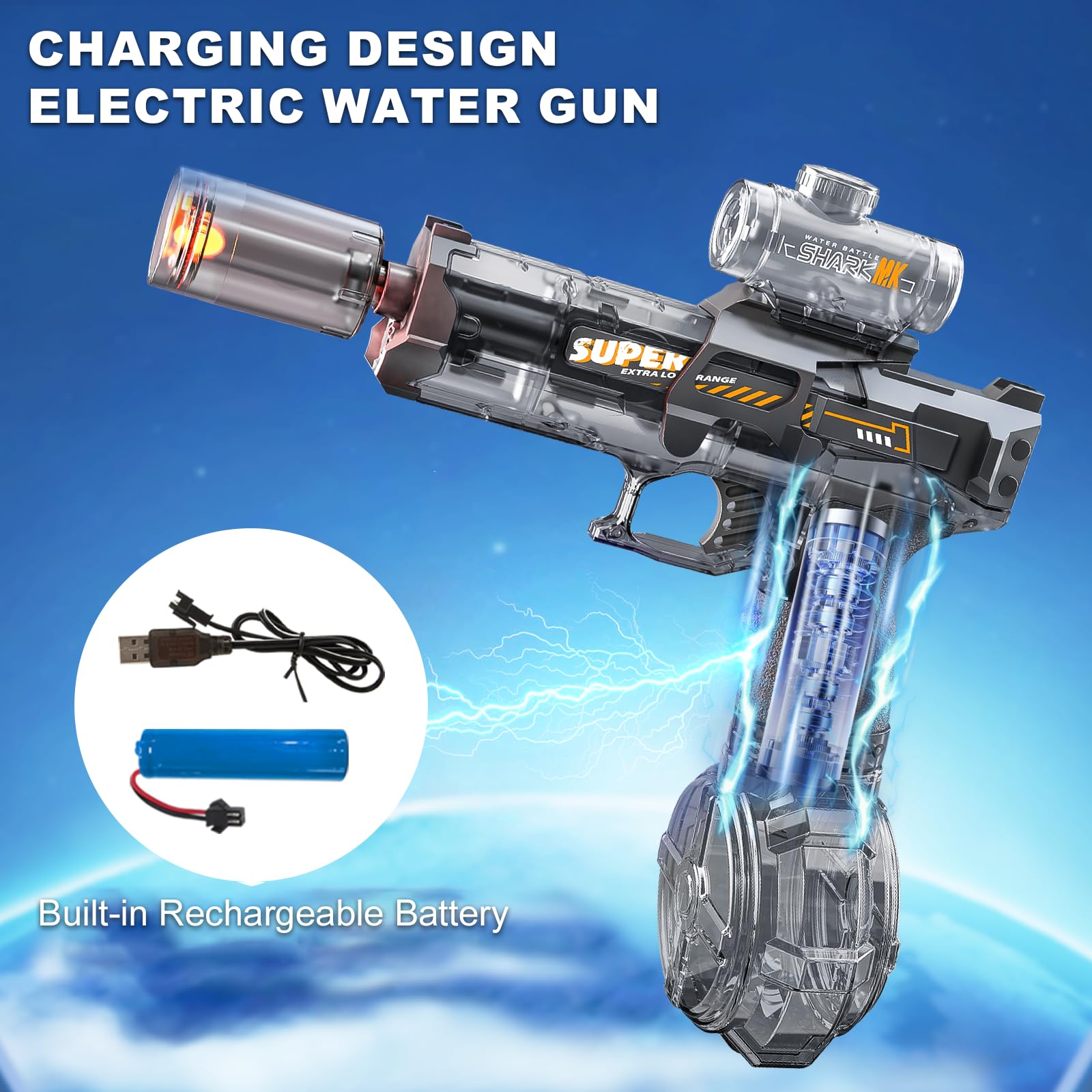 Electric Water Gun for Adults Kids Automatic Squirt Watergun Pistol with Led Lights, Summer Outdoor Pool Beach Party Toys, Black - Image 3