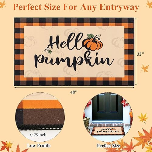 Miniatura 2 de HEBE - Tapete para puerta de otoño, 32 x 48 pulgadas, diseño de calabaza, antideslizante, a cuadros, para interiores y exteriores, otoño, cosecha,