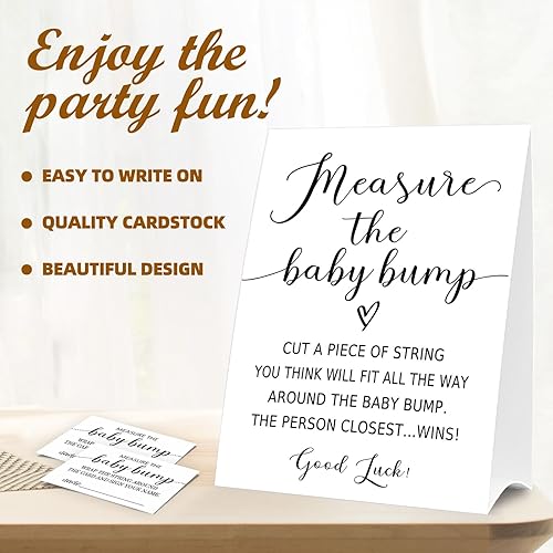 Miniatura 2 de Baby Shower Games Measure the Baby Bump Sign, How Big is Mommy's Belly Party Favors Supplies, 5x7 Inch Kraft Standing Sign and 50 Guessing Cards