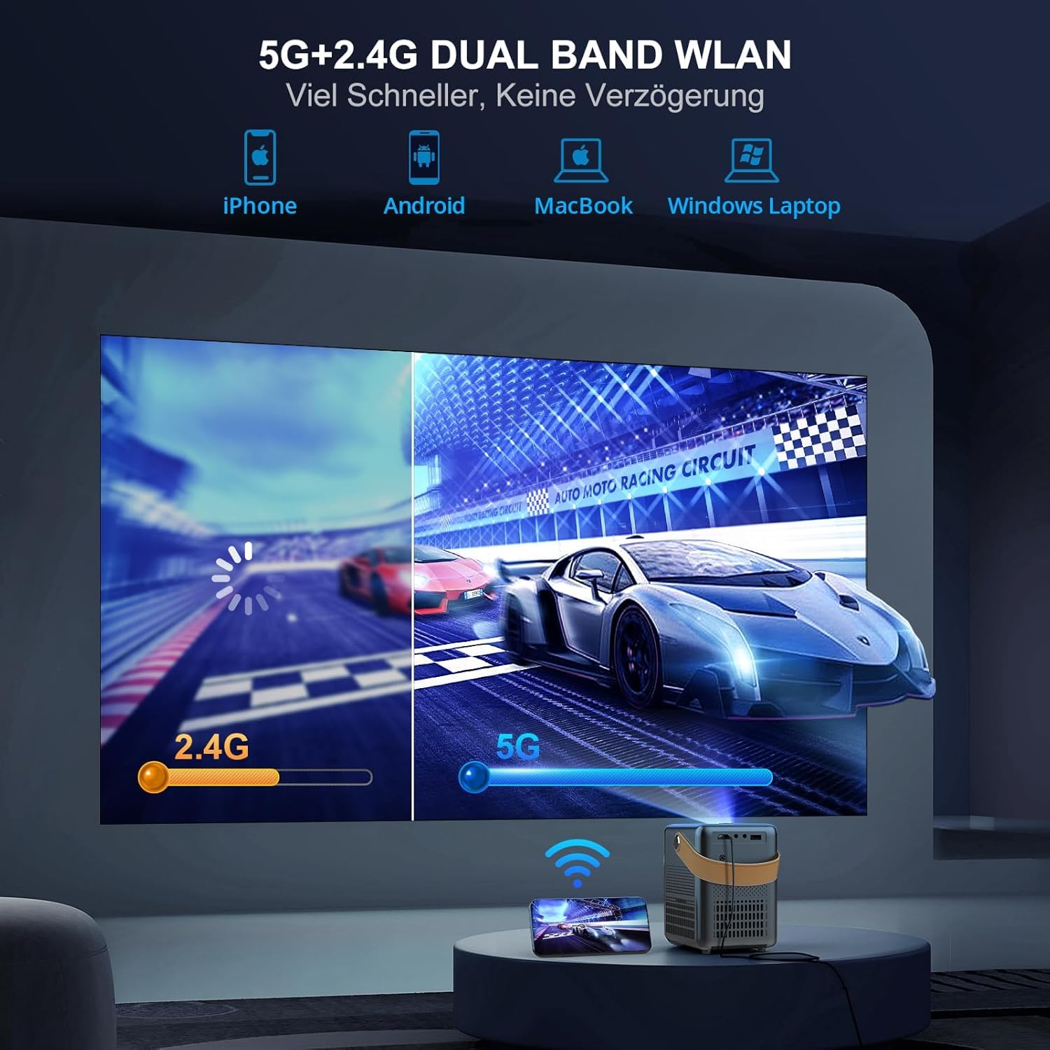 WiMiUS Mini proiettore WiFi Bluetooth 1080P Full HD, Messa a fuoco elettrica e correzione trapezoidale automatica, Proiettore home cinema per Android, iPhone, Grigio