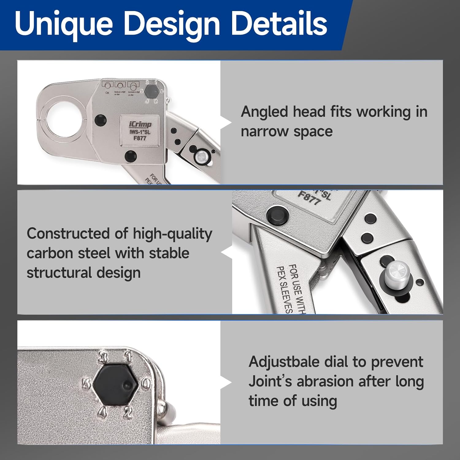 iCrimp 1-Inch Angle Head PEX Crimping Tool for Stainless Steel Press Sleeves - F877 Press Fit Tool, Compatible with Press Connect Systems