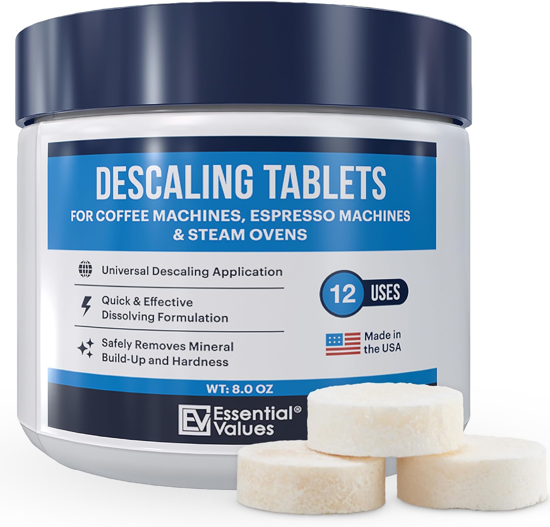 Essential Values Descaler for Coffee Machines - Espresso Coffee Machine Descaler - Descaling Tablets (12PK / Up To 12 Uses) - Compatible With Delonghi, Nespresso, Tassimo, Dolce Gusto