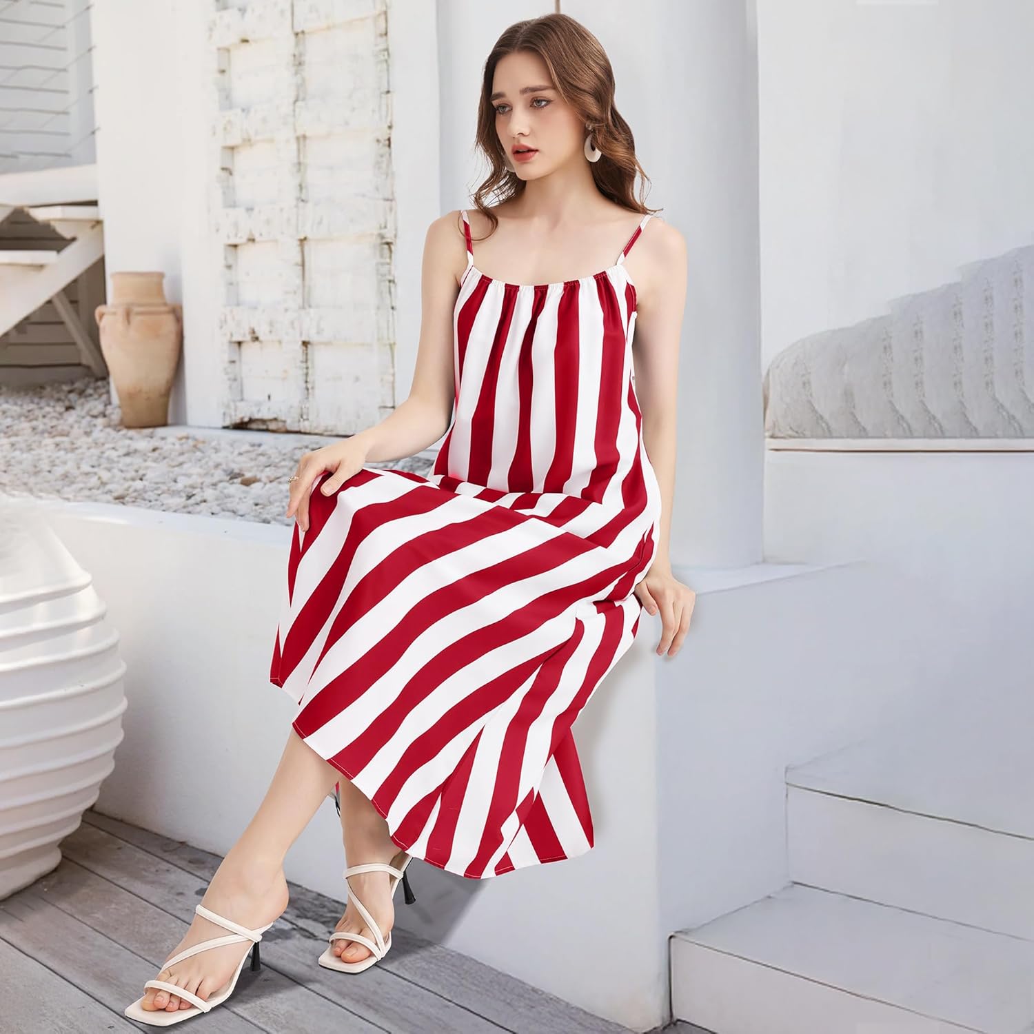 Womens Summer Maxi Dresses 2025 Boho Striped Spaghetti Strap Sundress Casual Beach Vacation Long Dress with Pockets - Image 6
