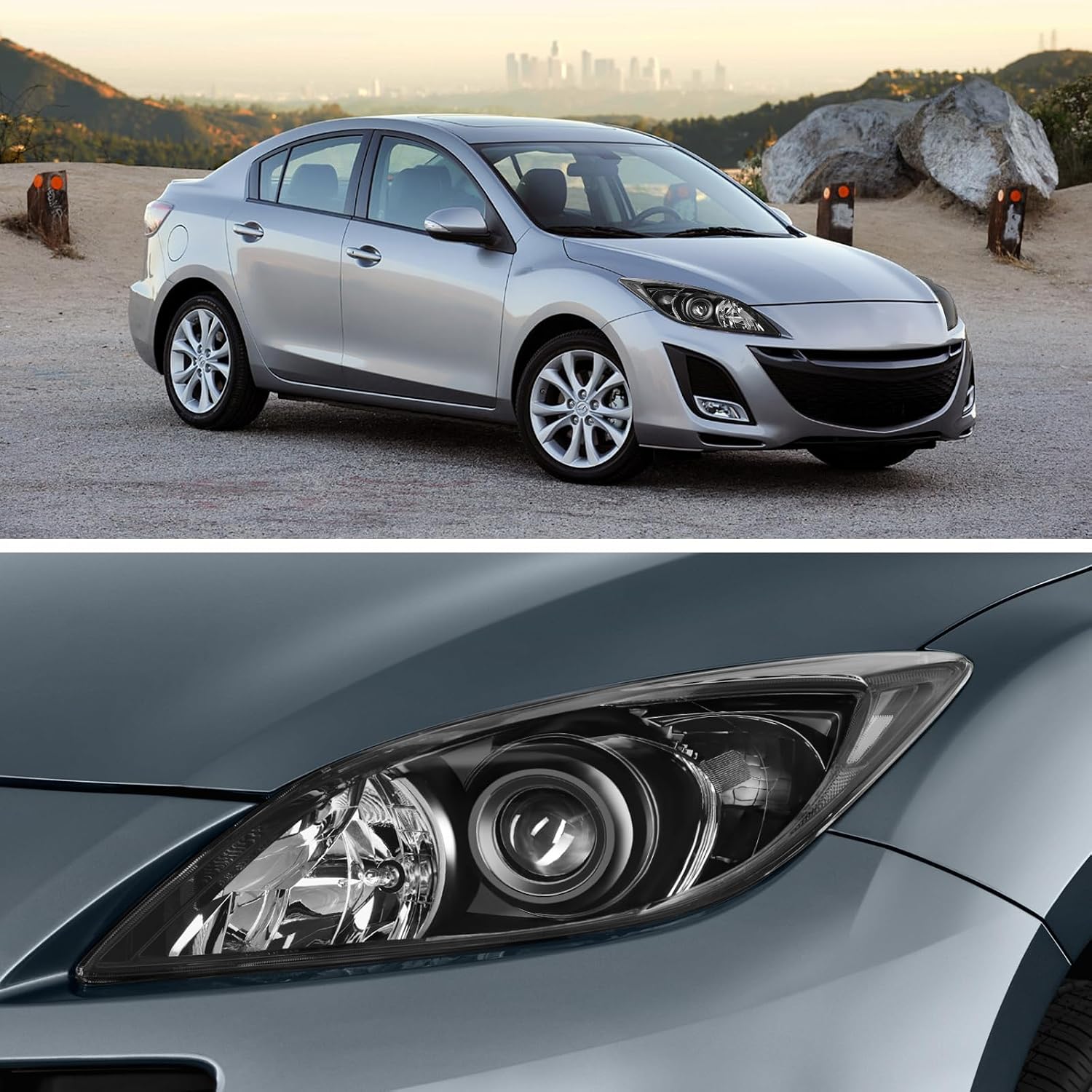 Headlight Assembly Replacement Fit For Mazda 3 2010-2013Headlamp in Black Housing Clear Reflector Clear Lens Driver and Passenger Side