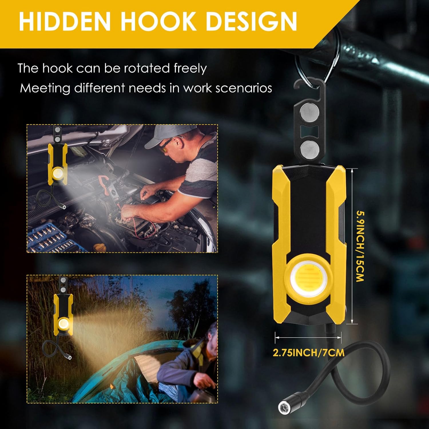 Rechargeable LED Work Light, 2000LM 40W Portable Flashlight with Flexible Gooseneck, Magnetic Base & Hook, 5 Modes for Car Repair, Camping, Emergency & Outdoor Work