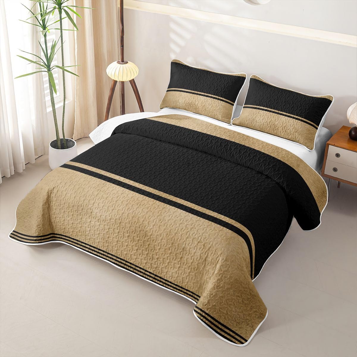 Feelyou Stripes Quilt Set Full Size Black Brown 3 Pieces Bedspread Coverlet Set for All Season Geometric Bedding Kids Boys Girls Adults Modern Striped Art ComforterLuxury