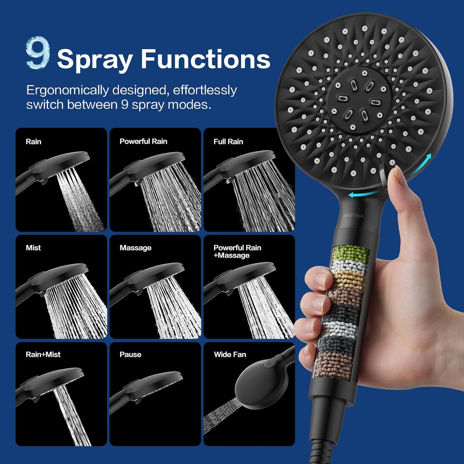 Filtered Shower Head with Handheld, High Pressure 9-mode Handheld Shower Head Water, Detachable Showerhead with Stainless Hose(AM-US-N9HS701MB-NA) image 2