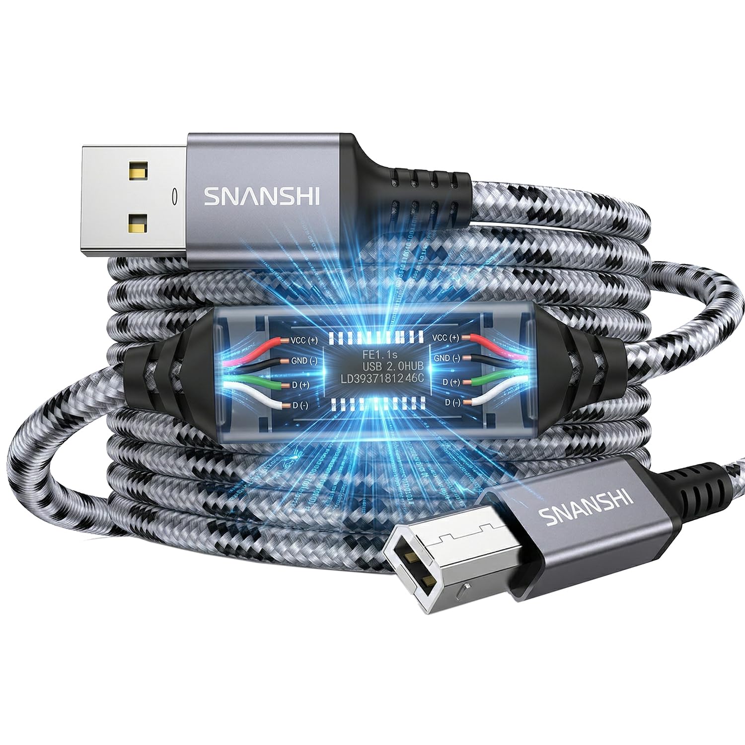 SNANSHI Active Printer Cable 50ft, Nylon Braided Heavy Duty USB 2.0 Type A to B Printer Cord with Signal Booster, Plug & Play Stable Connection for HP, Canon, Epson, Brother, Scanner & DAC