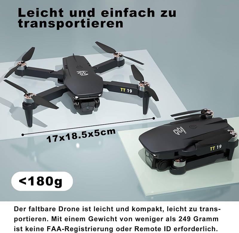 TTROARDS TT19 Mini Drón 1080p Kamerával - 180° Akadályérzékelés, 40 km/h Sebesség, 5G WiFi, Állítható Kamera, Összecsukható Quadkopter Kezdő