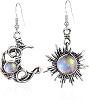 Vintage Boho Sun & Moon Asymmetrical Drop Dangle Earrings for Women - Moonstone Opal Natural Stone Antiqued Silver Celestial Jewelry