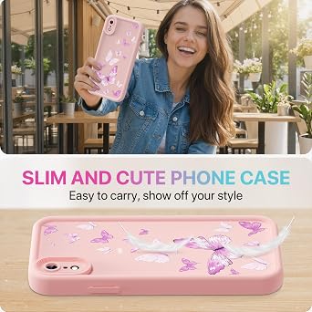 iPhone XRケース、クリエイティブな花柄デザイン女の子女性液体シリコンカバー、厚いフレーム耐衝撃性と耐傷性ソフトケースiPhone XR用-バタフライピンク