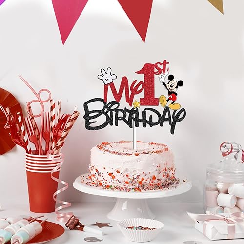 Miniatura 7 de Lahe Decoración para pastel de 1 año de edad, diseño de caricaturas de mi primer ratón, decoración de fiesta de cumpleaños para primer cumpleaños,