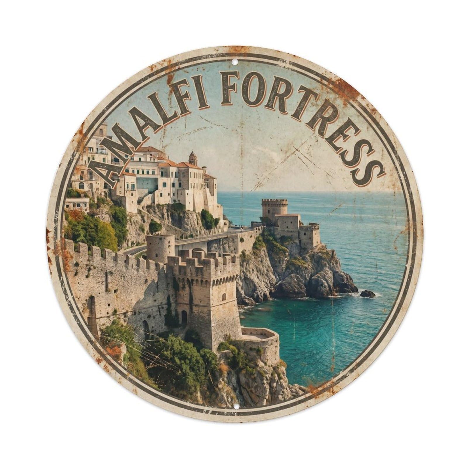 Amalfi Fortress Historic Retro Travel Italian Coast Destination Metal Tin Sign Plaque Wall Decor for Cafe, Man Cave, Club Bar, Office, Home Garden Round Metal Poster 8x8Inch