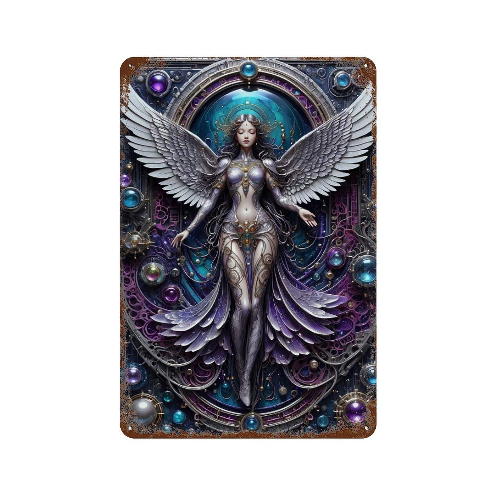 Decorative Tin Sign with Galactic Angel Steampunk Design 11.8"x7.9", for Basement, Hobby Room And Garage Decor, Farmhouse Wall Decor