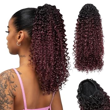 Curly Drawstring Ponytail Hair Extensions for Black Women 16 Inch Long Fake Synthetic Afro Fluffy Layered Pony Tail Hairpiece Burgundy with Black Root