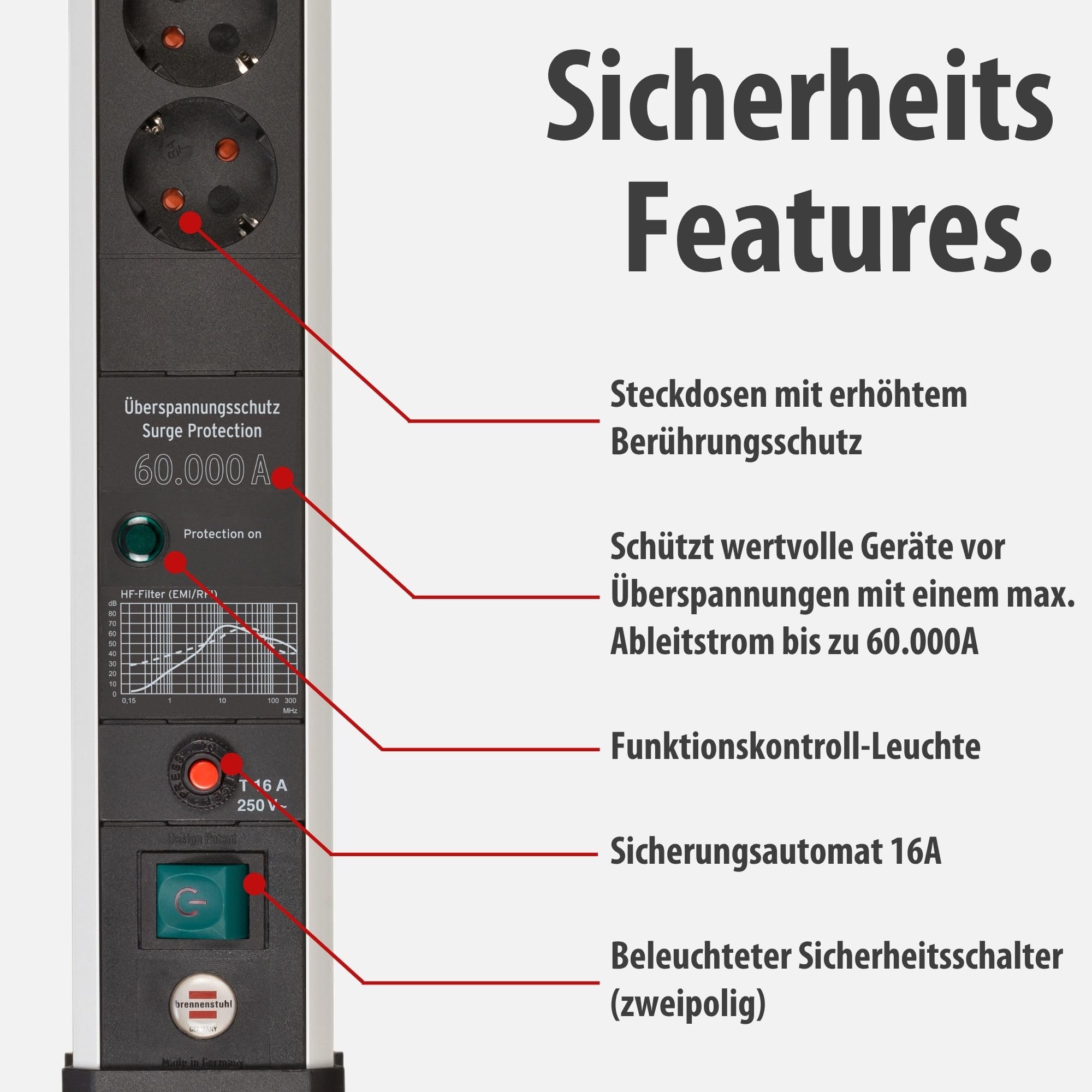 Brennenstuhl Premium-Protect-Line Steckdosenleiste 6-Fach mit USB, 3m | Mit Überspannungsschutz, Mehrfachsteckdose mit Schalter, 2-fach USB 3,1 A, Made in Germany, silber/schwarz