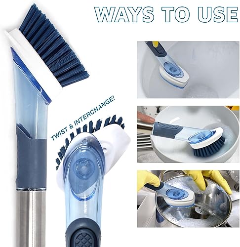 Miniatura 5 de CBC Crown Cepillo dispensador de jabón para lavar platos con 4 cabezales de cepillo y juego de recarga adicional (solo cepillo de repuesto)