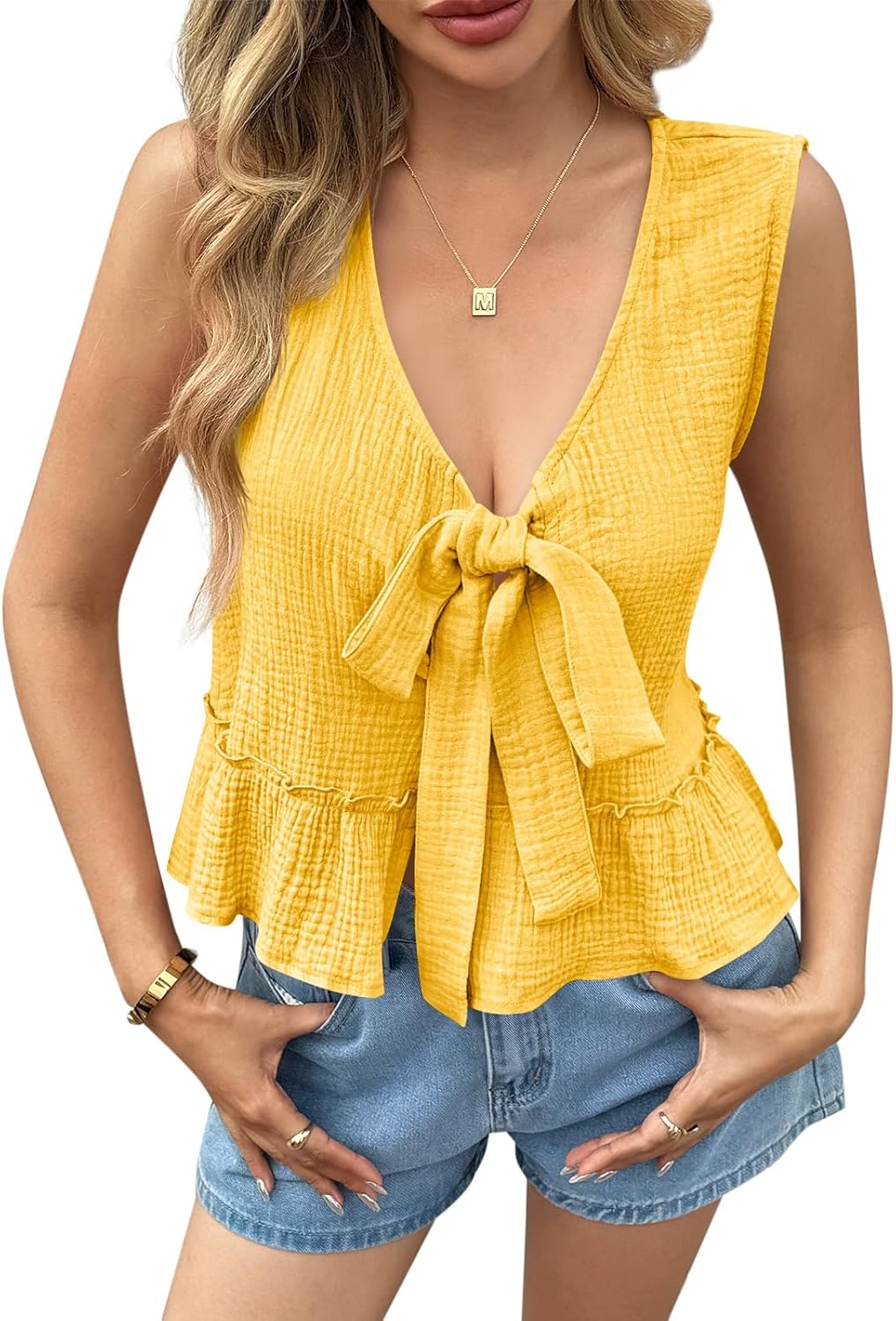 Cicy Bell Womens Babydoll Tank Tops V Neck Bow Tie Front Sleeveless Summer Shirts Sexy Peplum Flowy Flared Tops