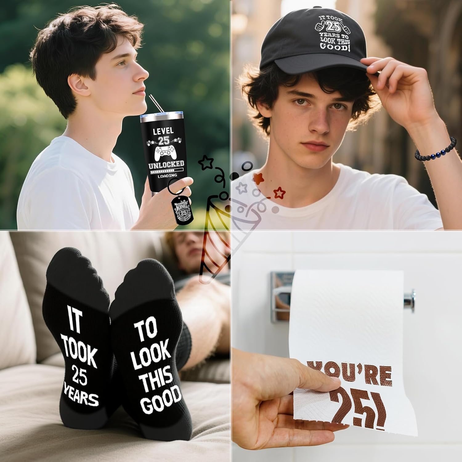 JTAMOHI 9 Pcs Happy 25th Birthday Gifts for Boys, 25 Year Old Boy Birthday Gifts with 20 Oz Tumbler, Funny Socks, Toilet Paper, Bracelet, Baseball Cap, Keychain for Son, Nephew, Grandson, Brother