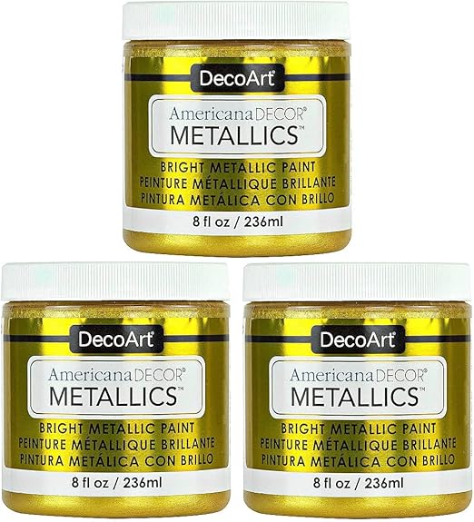 DecoArt Americana Metallics 24K Gold Paint, 3 Pack 8oz Metallic Acrylic Paint - Water Based Multi Surface for Arts and Crafts, Home Decor, Wall Decor, ADMTL04-20