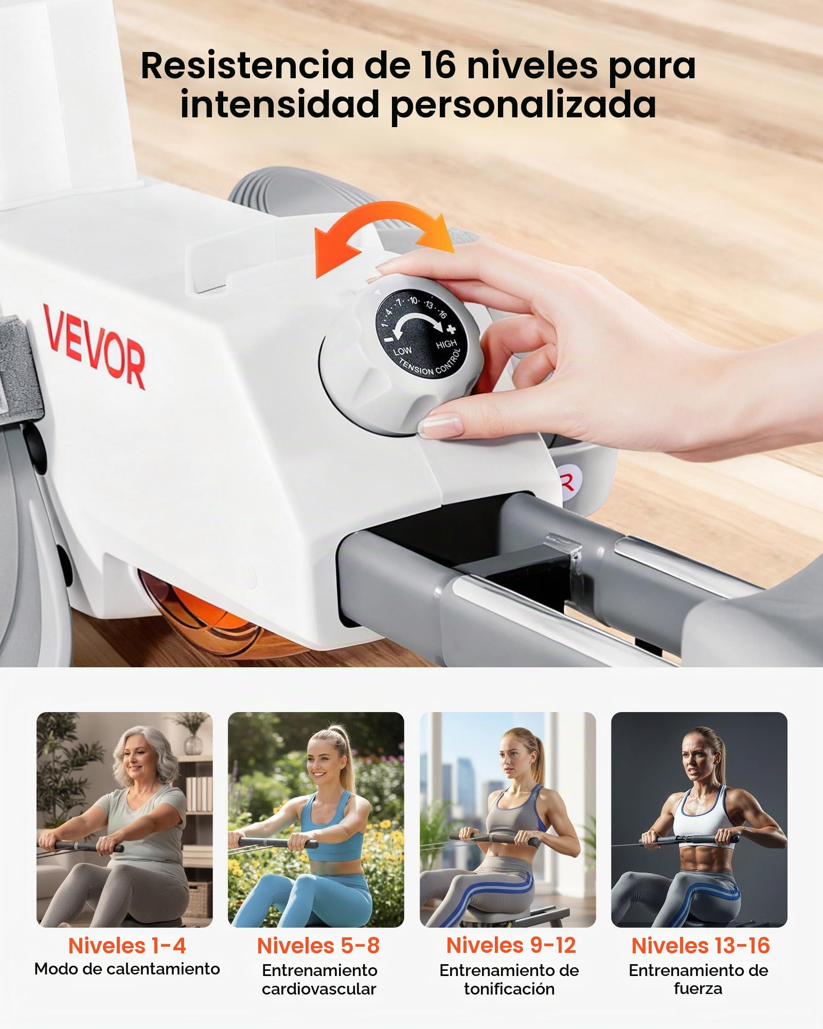 VEVOR Máquina de Remo Magnética Silenciosa, con 16 Niveles de Resistencia Ajustables, con Rieles Deslizantes Dobles y Pantalla LCD, Compatible con Aplicación Bluetooth, 1450 x 480 x 585 mm, Blanco