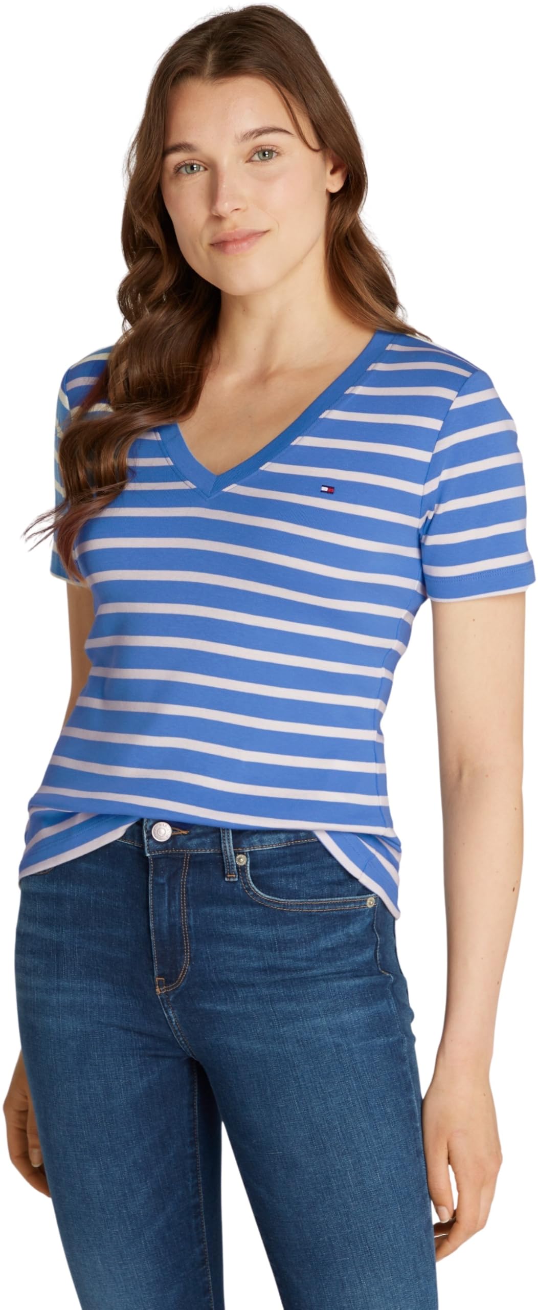 Tommy Hilfiger Damen T-Shirt Kurzarm New Slim Cody mit V-Ausschnitt, Mehrfarbig (Fine STP Blue Spell/Ivory Petal), XXS