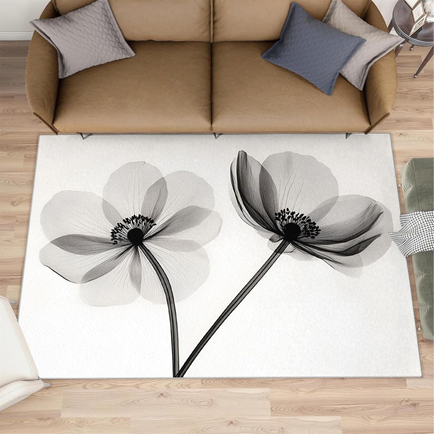 Translucent Flowers Rugs for Bedroom, Black and White Flower Area Rug, Floral Print Rugs for Living Room, Indoor Non-Slip Rug, Machine Washable Carpet for Front Entrance Floor Decor 2x3ft