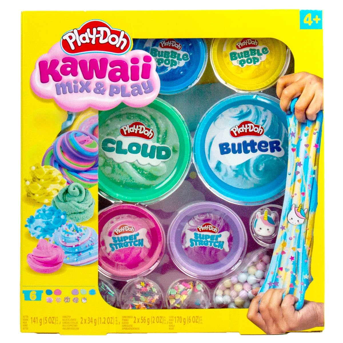 Play-Doh Kawaii Mix & Play Set, Super Stretch and Bubble Pop Slime, 6 Colours with Decorative Sprinkles, Ages 4+