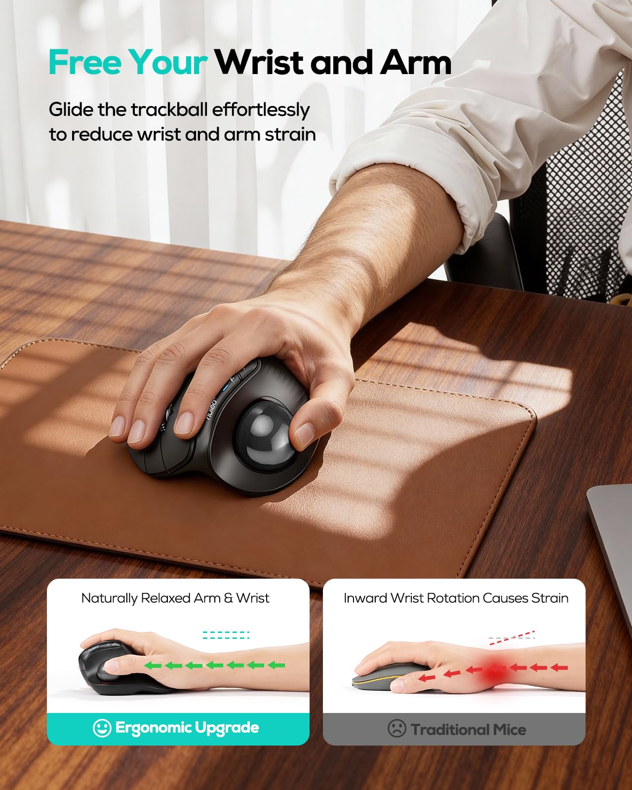 Nulea M514 Souris verticale ergonomique sans fil avec contrôle du pouce avec clics silencieux, défilement ultra-rapide, connexion 3 appareils (Bluetooth et récepteur USB), rechargeable pour PC/Mac