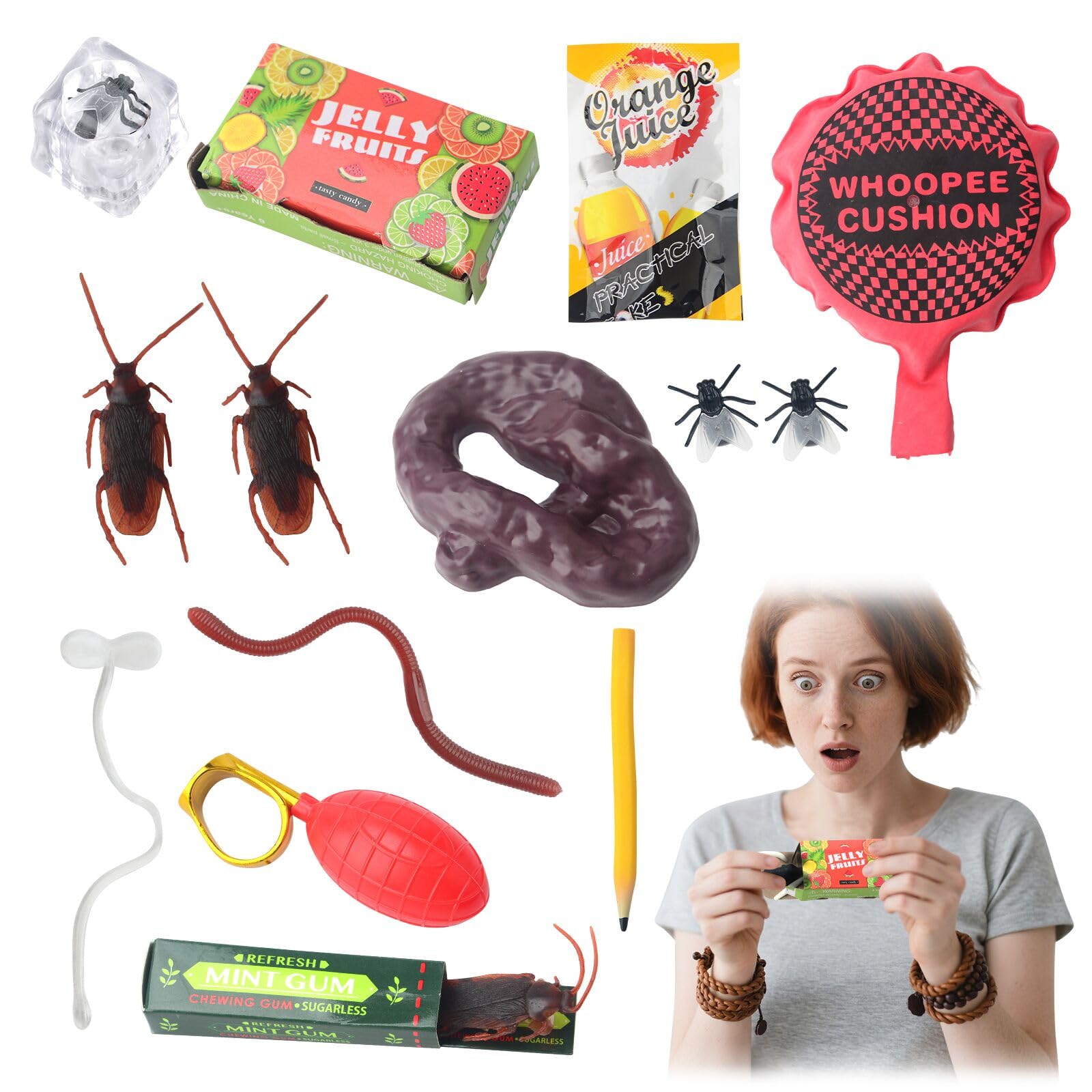 14Pcs Prank Kit,Pranks Pack And Joke Toys Box Set,Pranks for Kids,Practical Jokes for Friends Tricks,Prank Set Presents,Tricks Based Game for Adults Included Whoopee Cushion,Fake Poo,Fake Roaches
