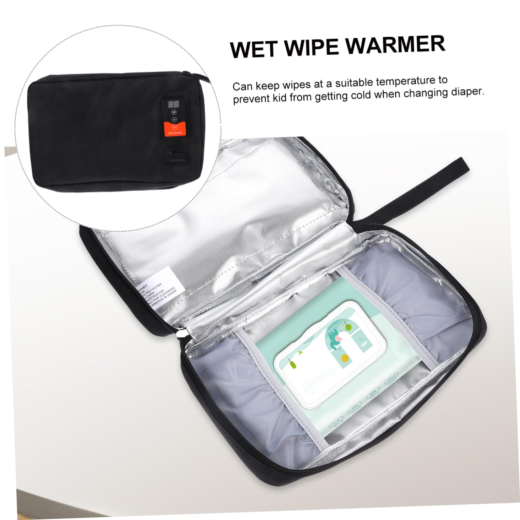 Gatuida Feuchttuchwärmer USB Tragbar mit Temperaturregelung Neopren und Polyester Schwarz für 20-80 Feuchttücher mit Integriertem Temperatursensor für Babys Drinnen und Draußen