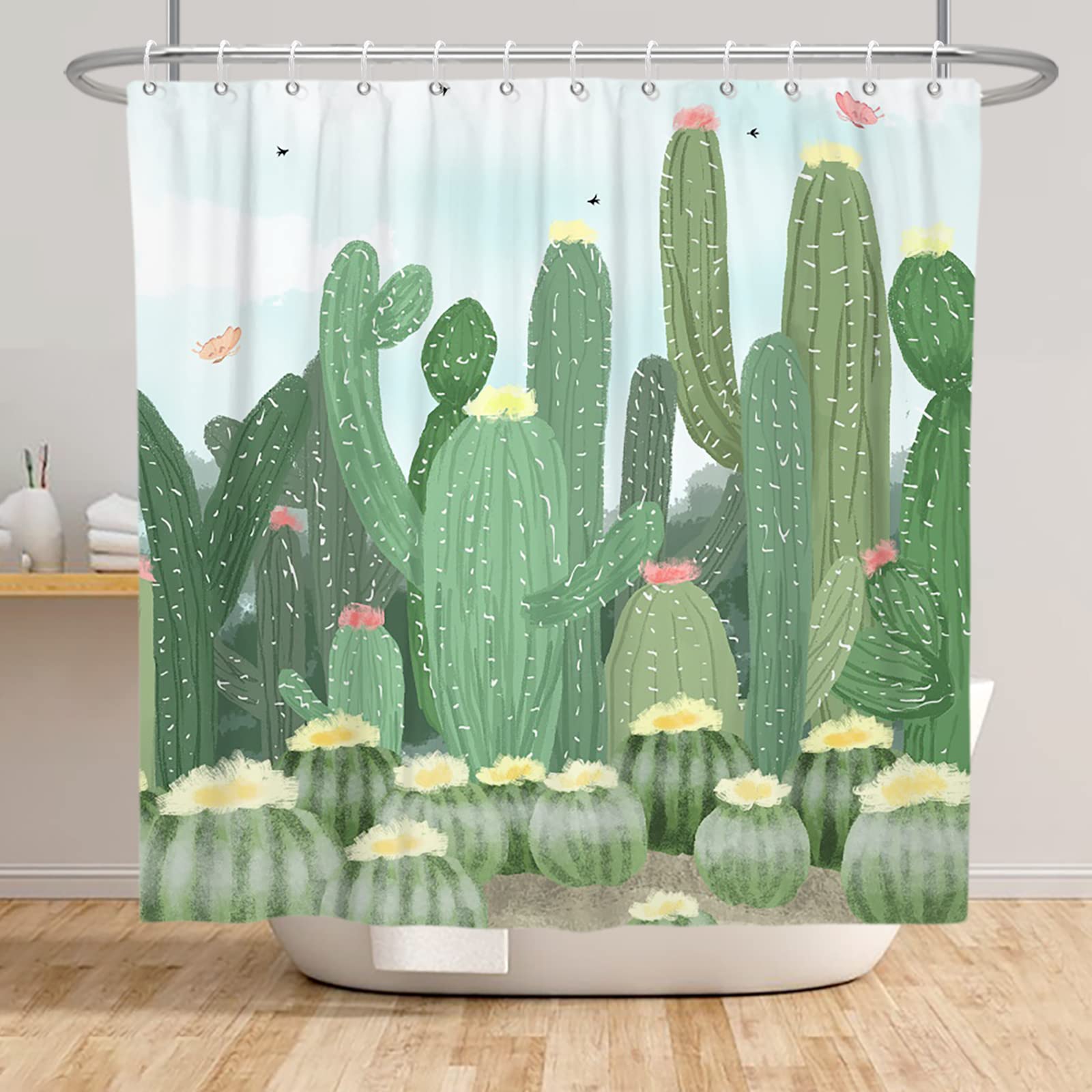 Renaiss 72x72 Inches Cactus Shower Curtain Green Succulent Cacti Mexican Tropical Desert Plants Flowers Shower Curtains Set for Bathroom Decor