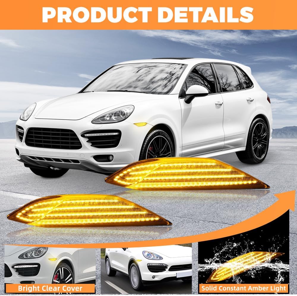 LED Side Marker Light, Compatible with Porsche Cayenne 958 92A 2011-2014, 99163115502/99163115602, Clear Cover Amber Side Marker Light, Clear Lens Solid Constant Light